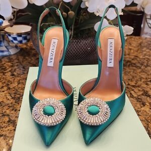 Aquazzura Emerald Satin Slingback Heels
